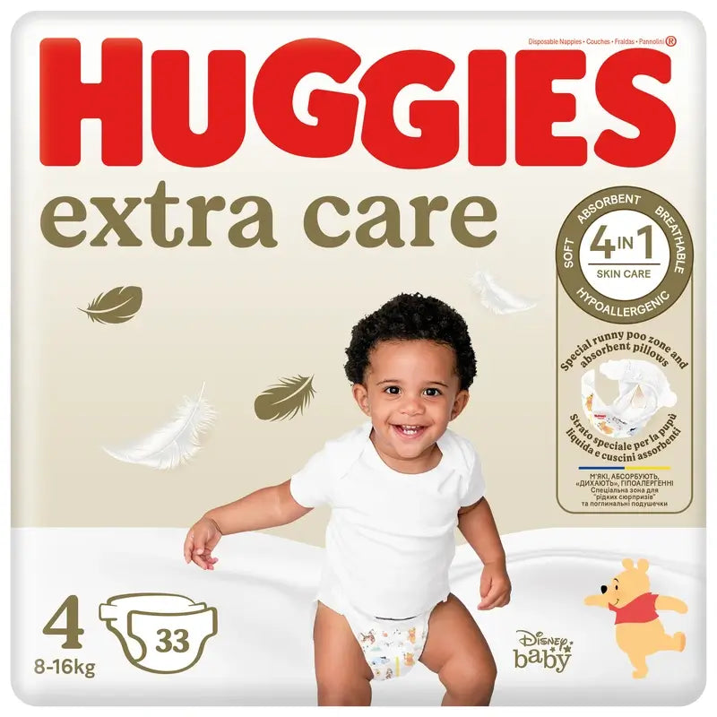 Huggies Extra Care Talla 4 (9-14 Kg) Pañal Para Bebé Disney, 33 unidades