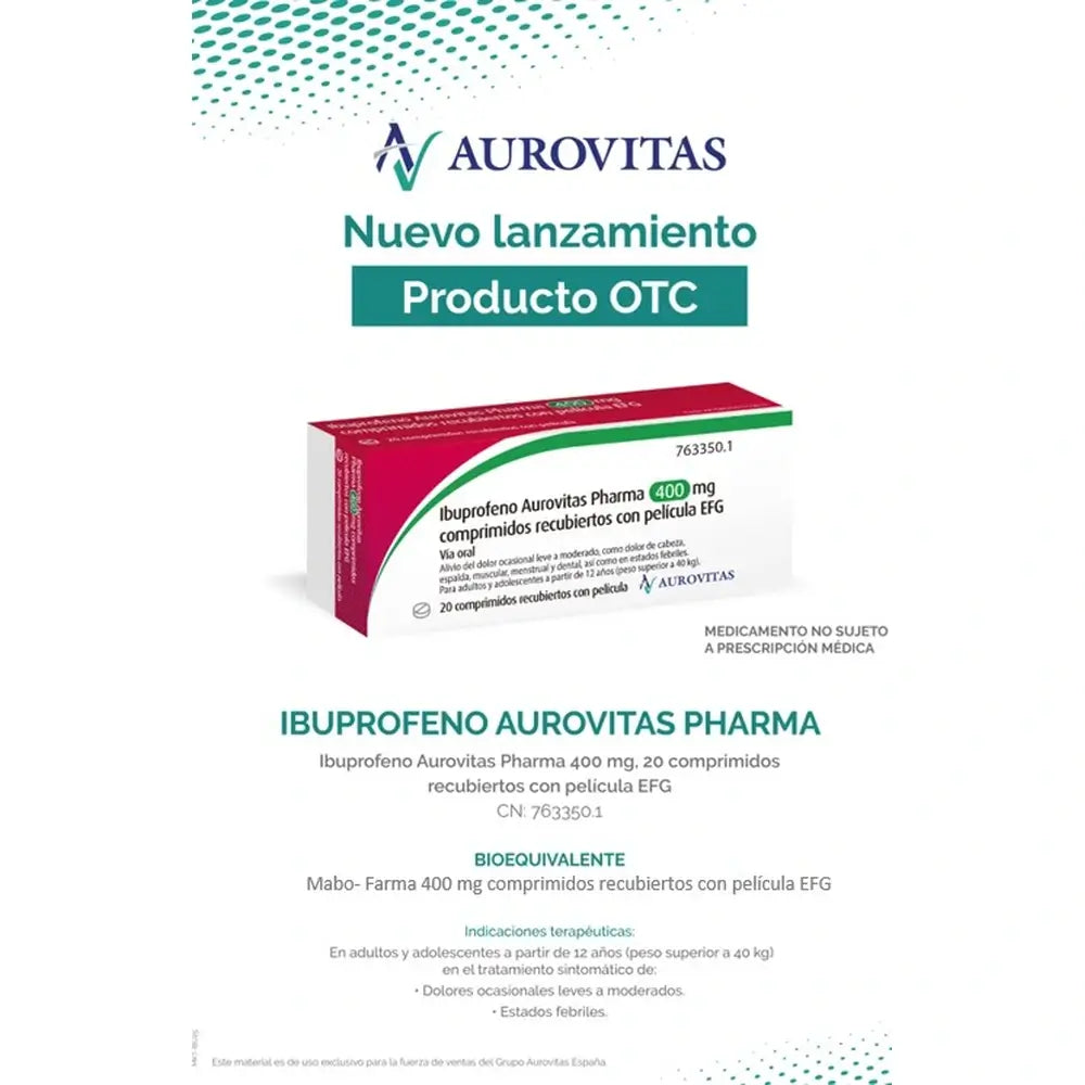 Ibuprofeno Aurovitas Pharma 400 Mg, 20 comprimidos recubiertos con pelicula efg