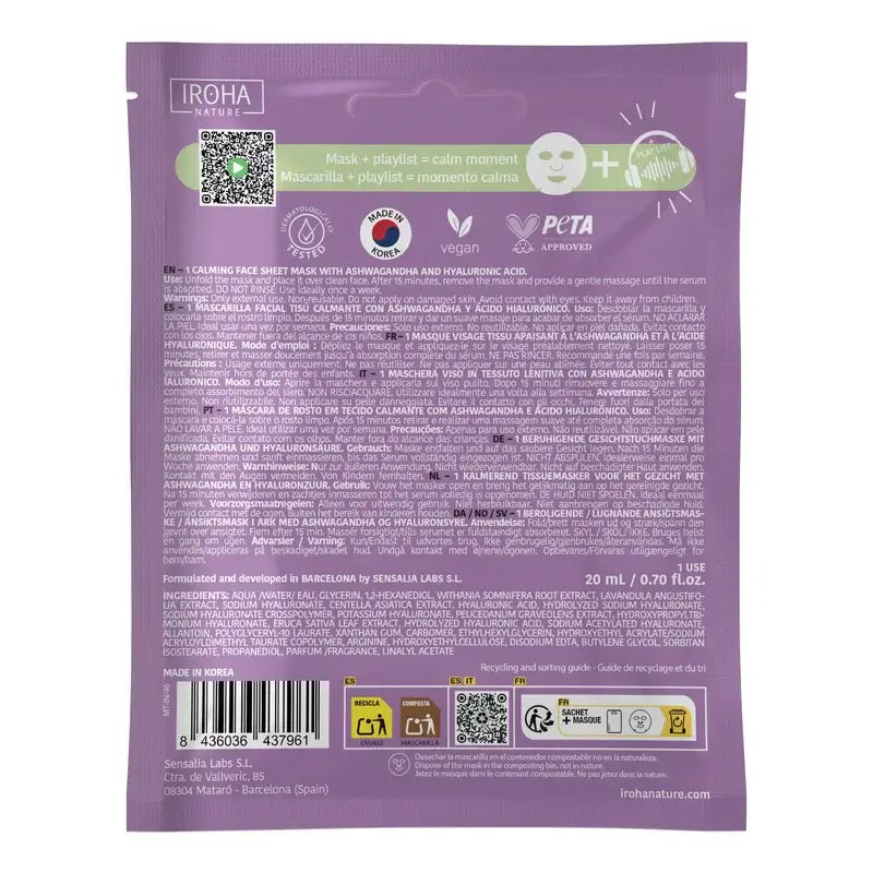 Iroha Nature Mascarilla Facial Mindful Ritual Hidratante & Calmante , 1 unidad