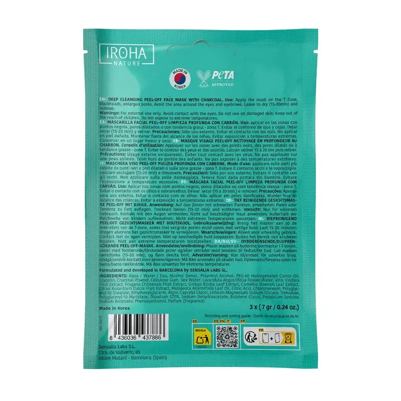 Iroha Nature Mascarilla Peel Off Limpieza Profunda Carbón, 3 Unidades, 1 gramo
