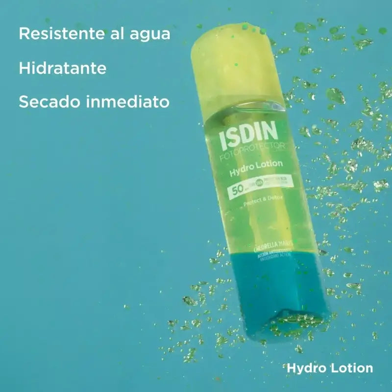 isdin hydrolotion spf 50 es resistente al agua. Hidrata y seca al instante