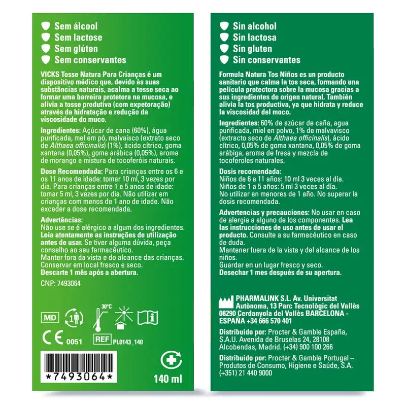 Jarabe Vicks Fórmula Natura Tos Niños Sabor Miel Y Fresa, 140 ml