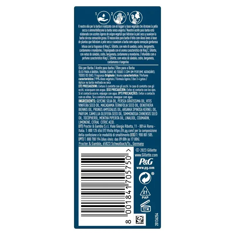 King C. Gillette aceite para barba hombre aroma vegetal, 30 Ml