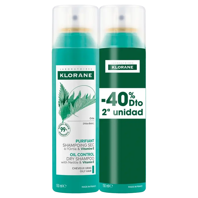 Klorane Pack Champú Seco Ortiga Cabello Graso 2x150ml 40% DTO