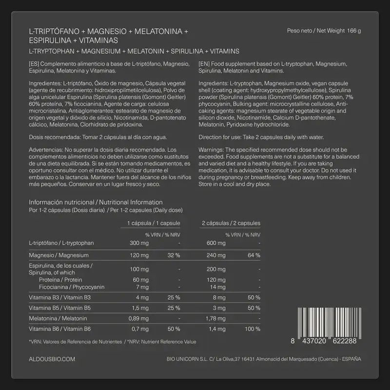 Aldous Labs L-Triptófano Premium Melatonina 1,78 mg Magnesio, 200 cápsulas Vegetales