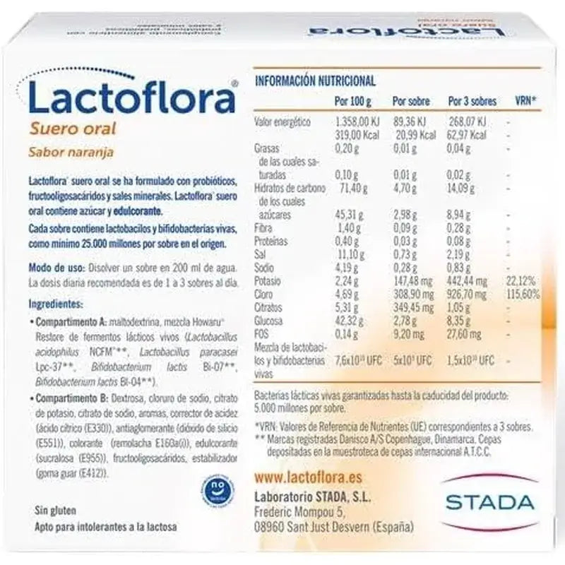 Lactoflora Suero Oral Con Probióticos, Prebióticos Y Sales Minerales Sabor Naranja , 6 Sobres