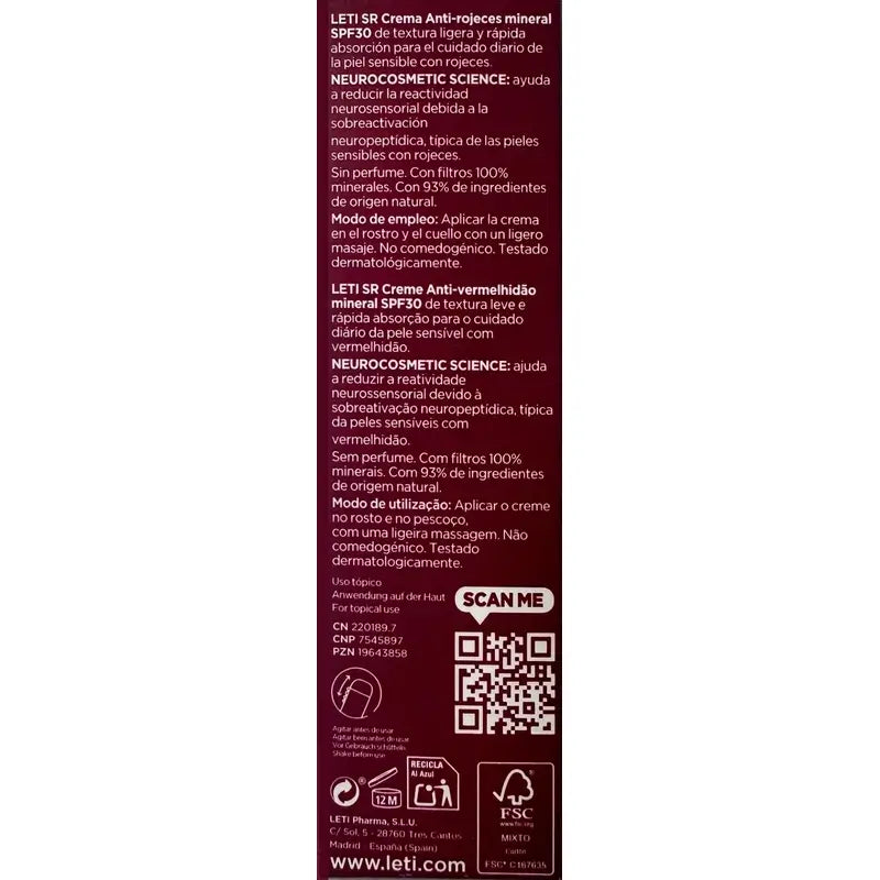 Leti Sr Antiredness Mineral Cream Spf30 , 40 ml