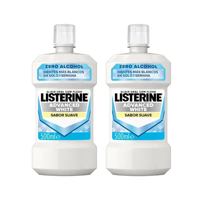 Listerine Duplo Enjuague Bucal, Blanqueador Avanzado, Sin Alcohol, Menta Suave, 2 x 500 Ml