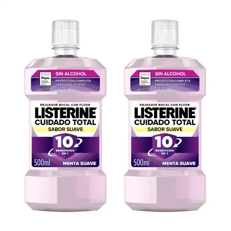 Listerine Duplo Enjuague Bucal Cuidado Total Sabor Suave, 2 x 500 Ml
