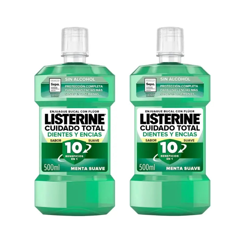 Listerine Duplo Enjuague Bucal Protección Dientes Y Encías Menta Suave Sin Alcohol, 2 x 500 Ml