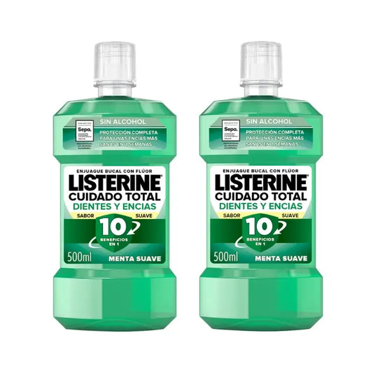 Listerine Duplo Enjuague Bucal Protección Dientes Y Encías Menta Suave Sin Alcohol, 2 x 500 Ml