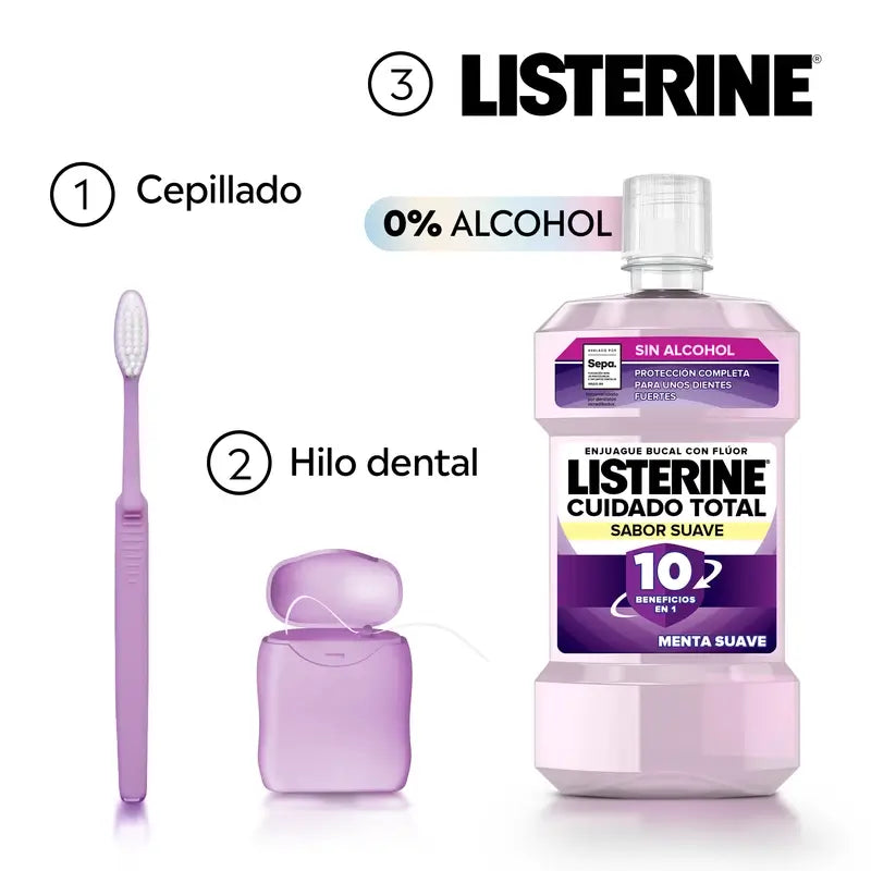 Listerine Cuidado Total Enjuague Bucal Sin Alcohol, Sabor Suave, 500 Ml