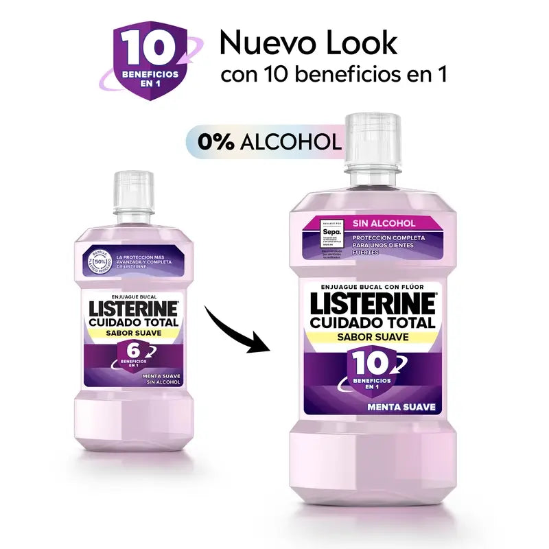 Listerine Cuidado Total Enjuague Bucal Sin Alcohol, Sabor Suave, 500 Ml