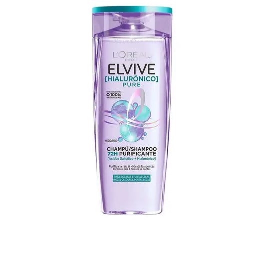 L'Oréal Paris Elvive Champú Hialuronico Pure: Limpia, Hidrata, Cabello Con Cuerpo Y Brillo, Sin Siliconas, 400Ml