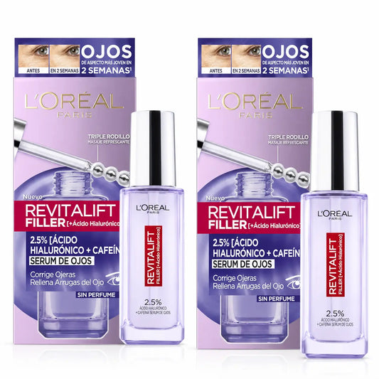 L'Oréal Paris Serum Ojos Revitalift Filler: 2.5% Ácido Hialurónico Y Cafeína, Triple Roll-On , pack 2