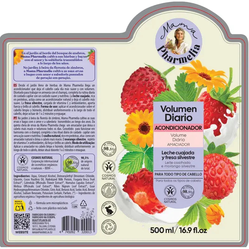 Mama Pharmelia Acondicionador De Volumen Diario Leche Cuajada Y Fresa Silvestre, 500Ml