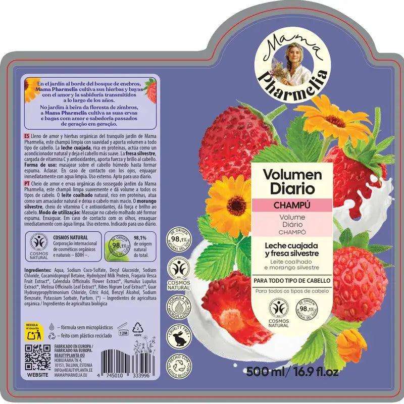 Mama Pharmelia Champú De Volumen Diario Leche Cuajada Y Fresa Silvestre, 500Ml