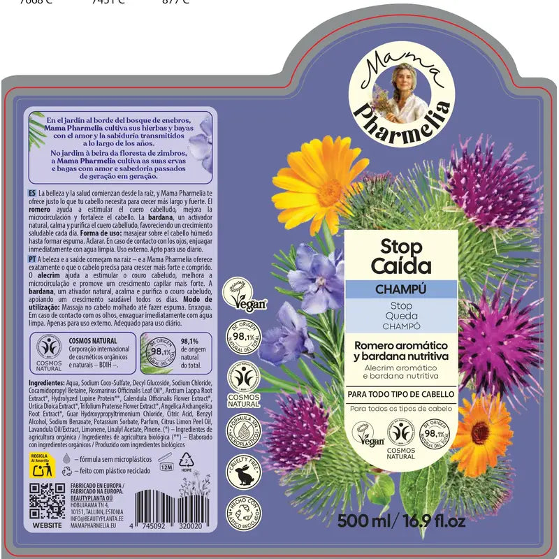 Mama Pharmelia Champú Stop Caida Romero Aromático Y Bardana Nutritiva, 500Ml