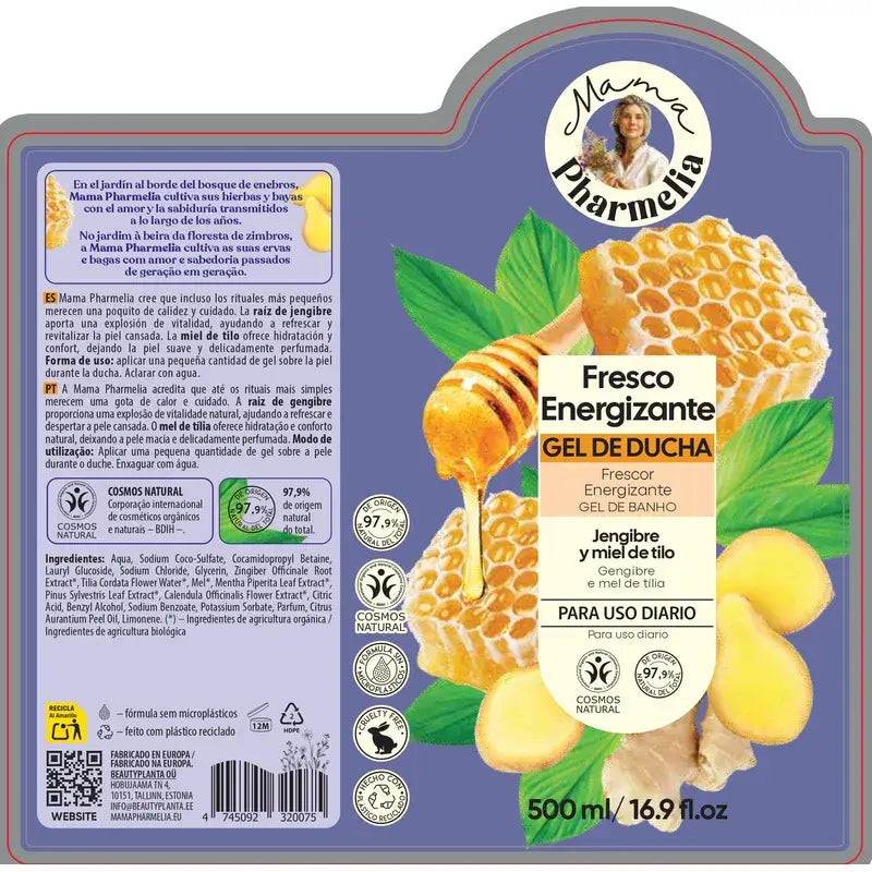 Mama Pharmelia Gel De Ducha Fresco Energizante Con Jengibre Y Miel De Tilo, 500 Ml