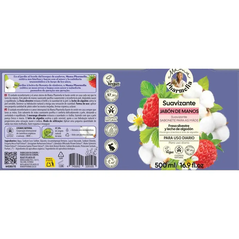 Mama Pharmelia Jabón De Manos Suavizante Con Fresa Silvestre Y Leche De Algodón, 500 Ml