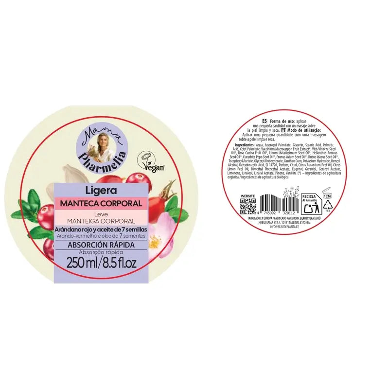 Mama Pharmelia Manteca Corporal Ligera Con Arándano Rojo Y Aceite De 7 Semillas, 250 Ml
