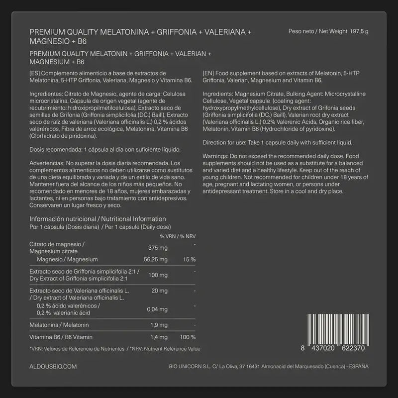 Aldous Labs Melatonina con 5Htp, Magnesio, Valeriana y Vitamina B6