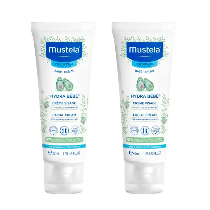 Mustela Hydra Bebé Crema Facial con Aguacate Bio, Pack 2 x 40 ml