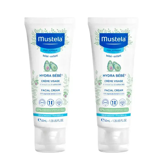 Mustela Hydra Bebé Crema Facial con Aguacate Bio, Pack 2 x 40 ml