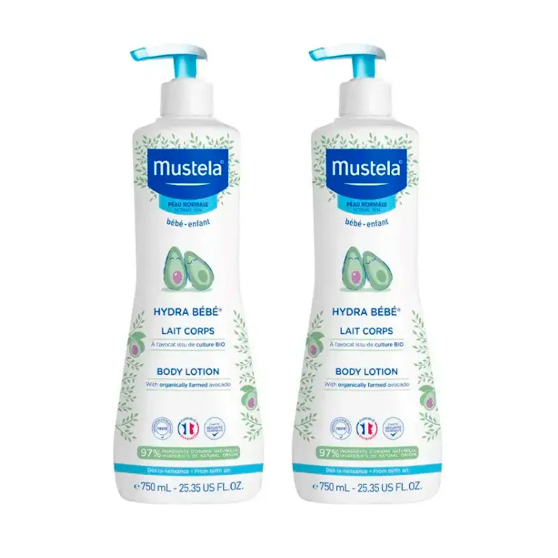 Mustela Hydra Bebé Leche Corporal con Aguacate Bio, Pack 2 x 750 ml