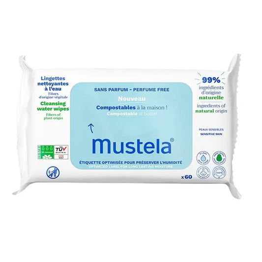 Mustela Toallitas Al Agua De Algodón BIO, 60 Unidades