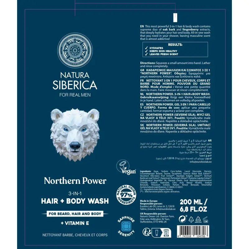 Natura Siberica Men Wild Arctic. Gel 3 En 1 Para Cabello, Cuerpo Y Rostro , 200 ml