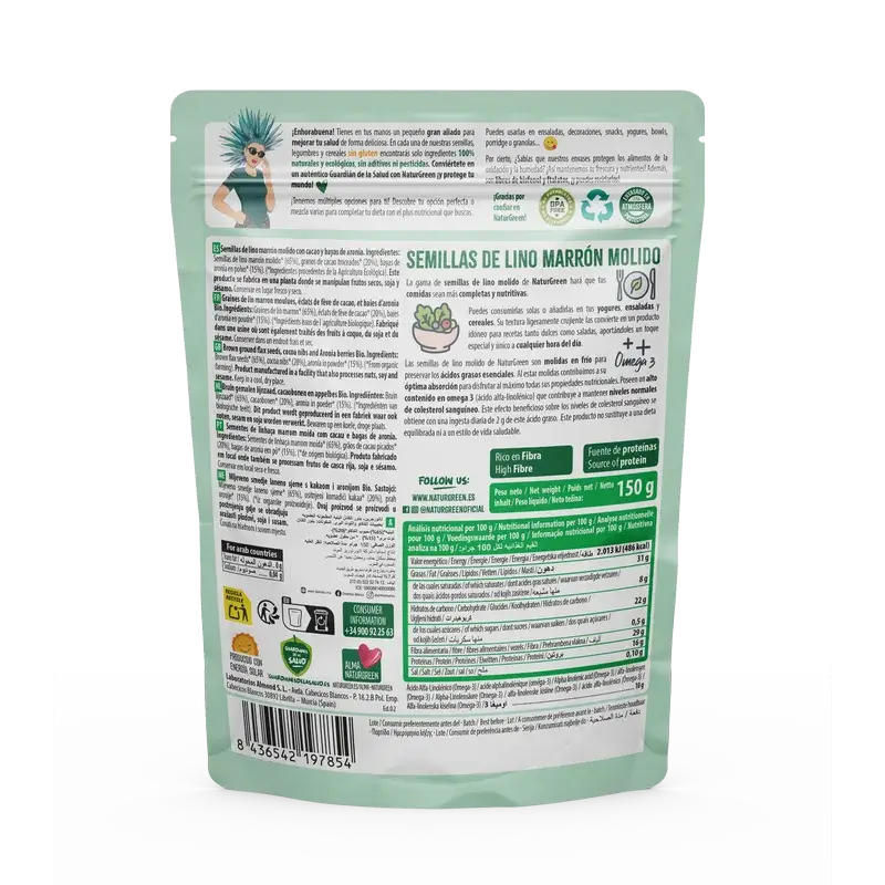 NaturGreen Semillas De Lino, Nibs Cacao Y Aronia Bio 150 g