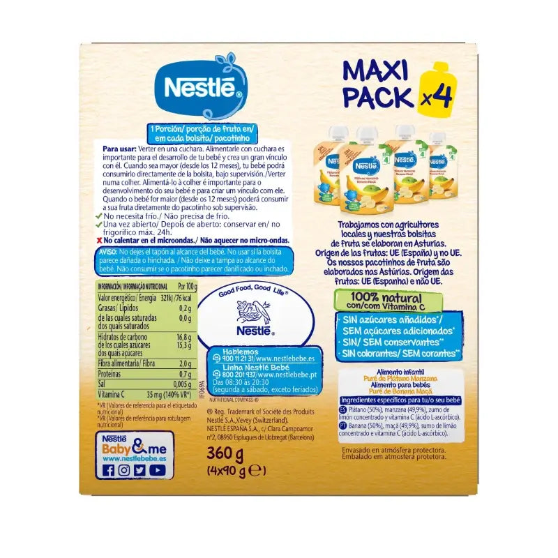Nestlé Bolsita Plátano y Manzana, 4X90 gr