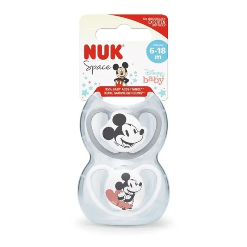 Nuk Chupete Space Mickey Mouse Gris T2 6-18M Silicona , 2 unidades