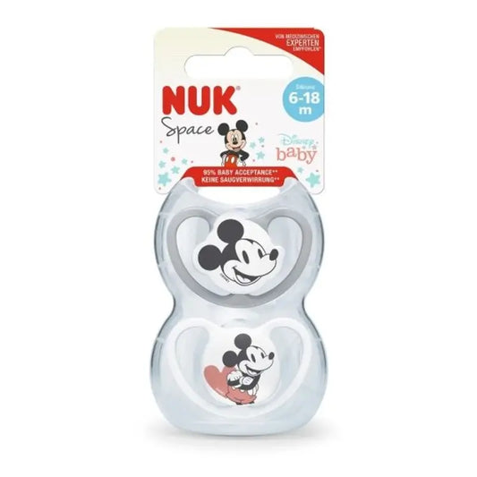Nuk Chupete Space Mickey Mouse Gris T2 6-18M Silicona , 2 unidades