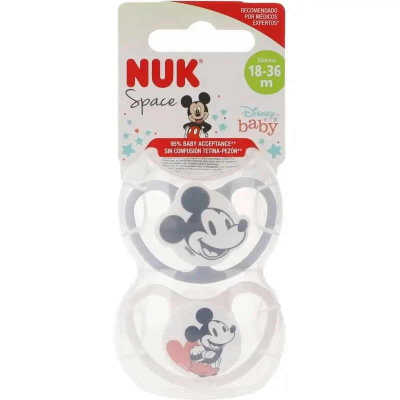 Nuk Chupete Space Mickey Mouse Gris T3 18-36M Silicona , 2 unidades