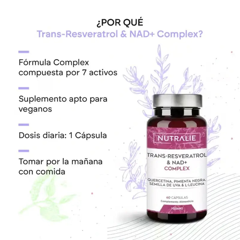 Nutralie Trans Resveratrol Y Nad+ Complex Con Quercetina + Piperina, 60 cápsulas