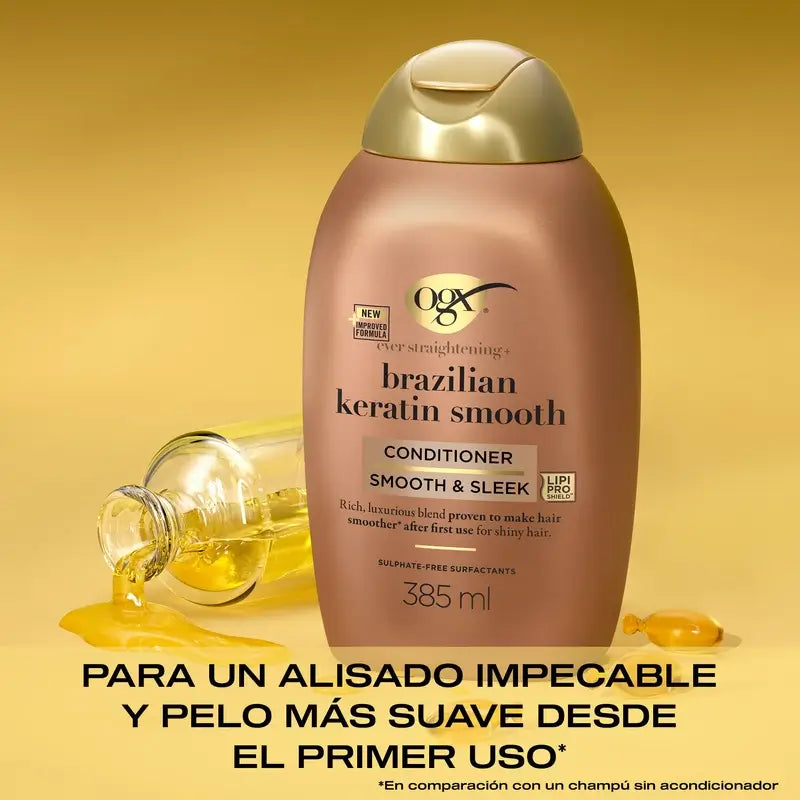 OGX Acondicionador Queratina Brasileña, para Cabellos Ondulados o Rizados, Alisa, Fortalece e Hidrata, 385ml