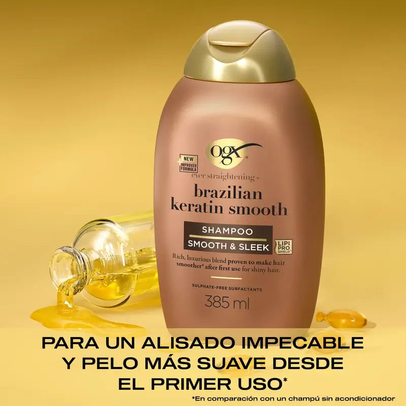 OGX Champú Queratina Brasileña, Alisa y Nutre, Cabellos Ondulados o Rizados, Suavidad y Brillo, 385ml