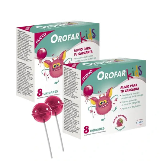 Orofar Kids Piruletas Para Picor De Garganta Sabor Frambuesa Sin Azúcar , 2x8 piruletas