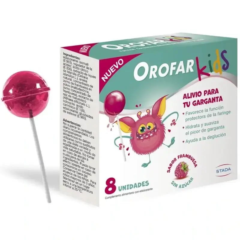 Orofar Kids Piruletas Para Picor De Garganta Sabor Frambuesa Sin Azúcar , 2x8 piruletas