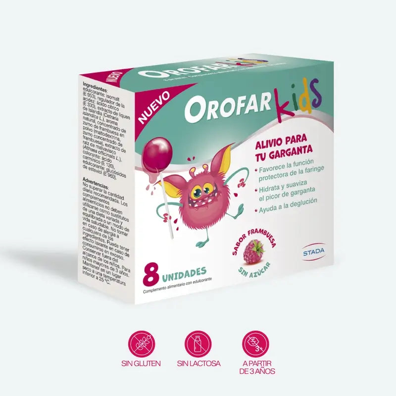 Orofar Kids Piruletas Para Picor De Garganta Sabor Frambuesa Sin Azúcar , 8 piruletas