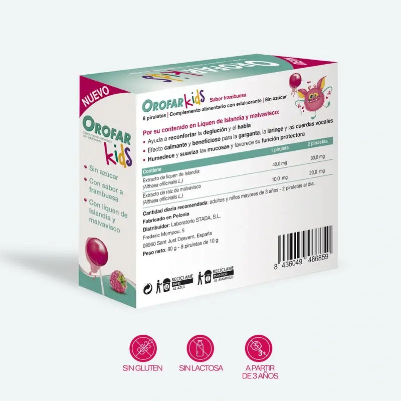 Orofar Kids Piruletas Para Picor De Garganta Sabor Frambuesa Sin Azúcar , 8 piruletas