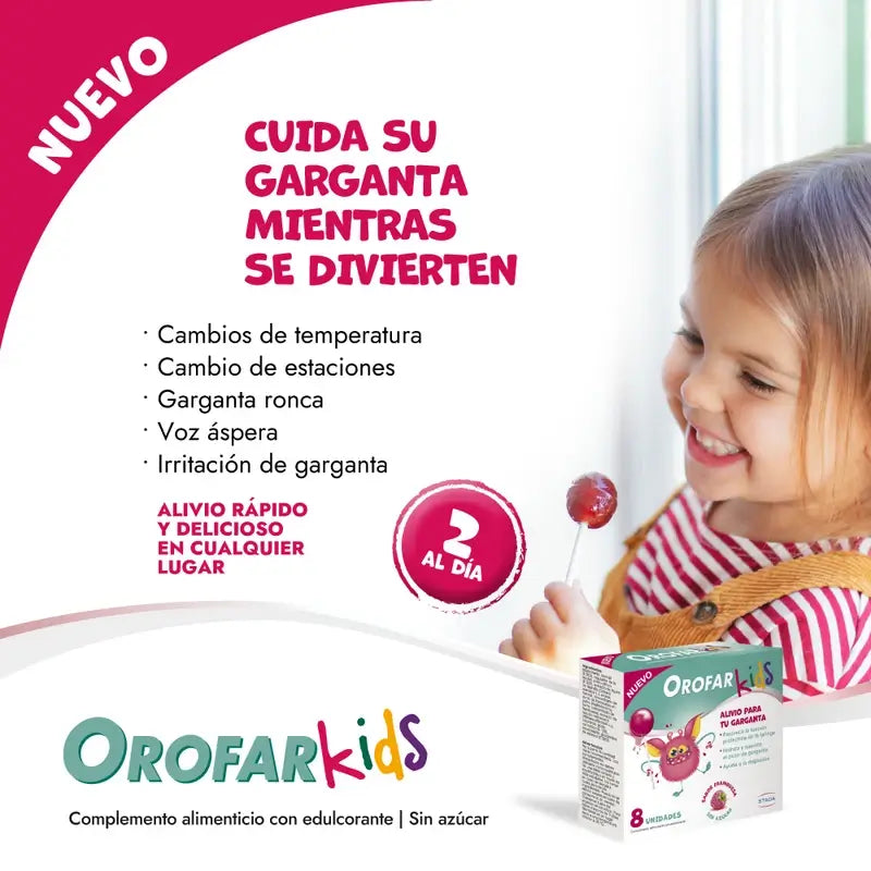 Orofar Kids Piruletas Para Picor De Garganta Sabor Frambuesa Sin Azúcar , 8 piruletas