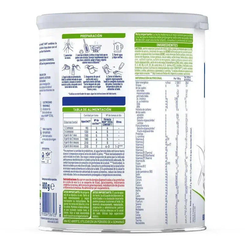 Nestlé Nan Total Confort 1 Leche intantil, Pack 12 X 800 gr