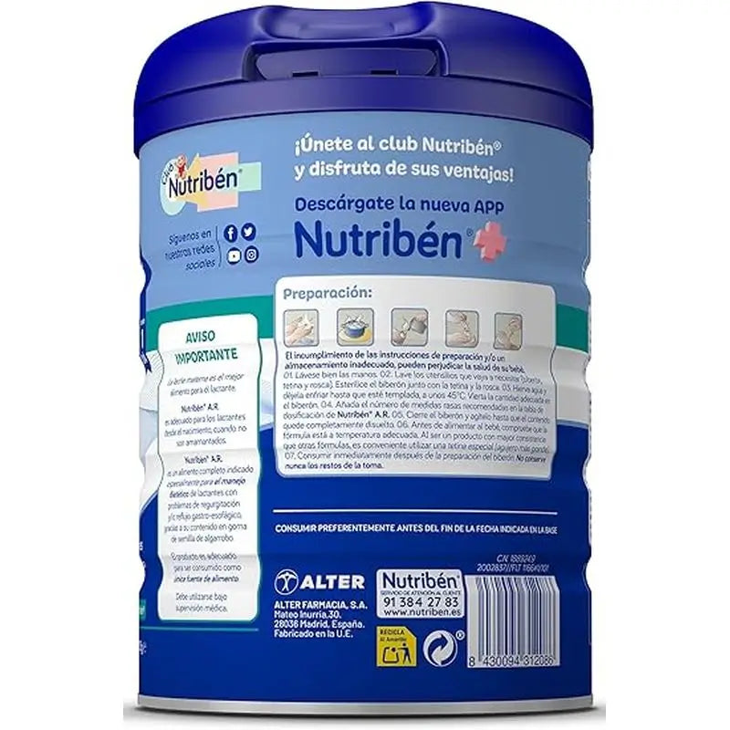 Nutribén AR Leche Antireflujo y Antiregurgitación, 12 X 800 gr