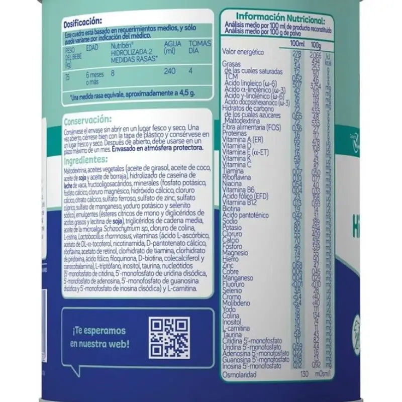 Nutribén Hidrolizada 2 Leche Continuación, 8 X 400 gr