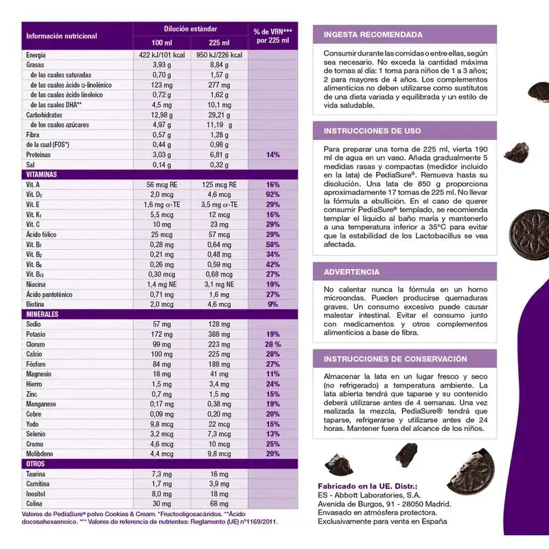 Pediasure Cookies & Cream + Drink Chocolate Niños, 850 gr + 4 Botellas Vainilla x 220 ml