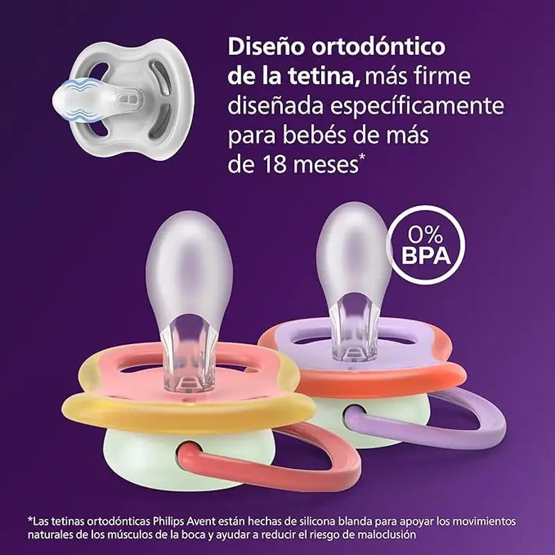 Philips Avent 2 chupetes ultra air nocturno +18m niña