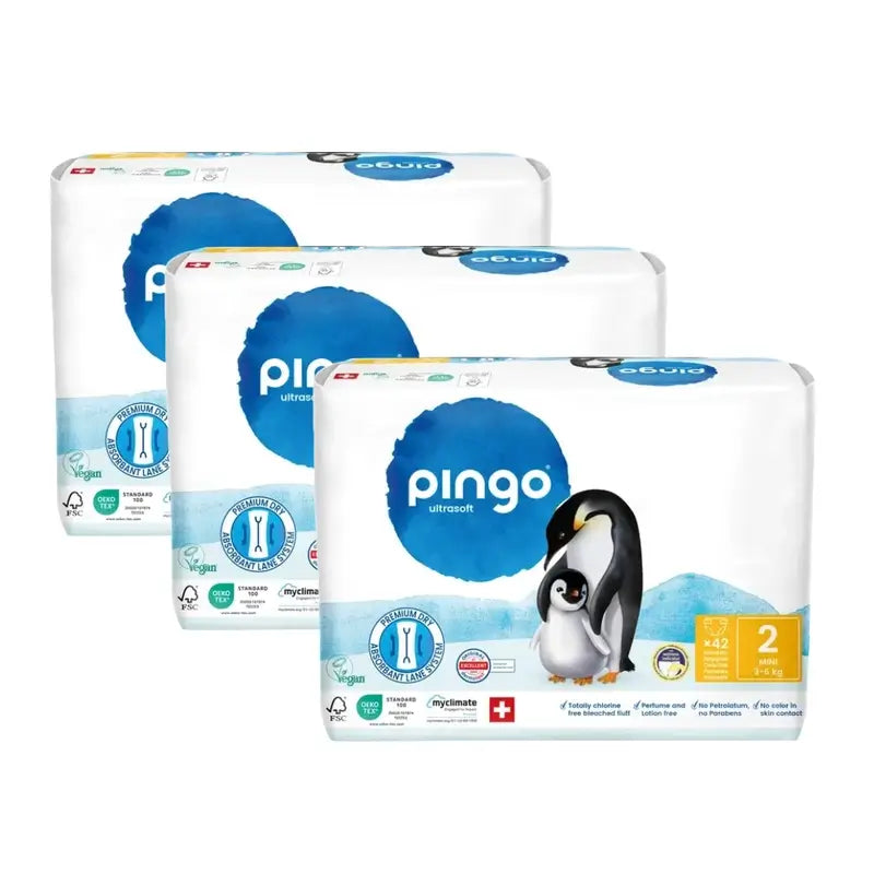 Pingo Pañales Ecológicos Talla 2 (3-6 Kg), 3X42 Unidades